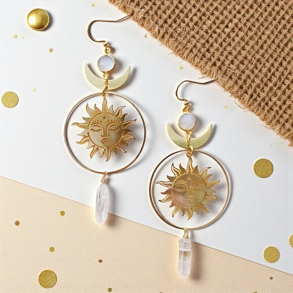 🆕️Celestial Sun Moon Quartz Crystal Dangle Earrings Boho Chic Trendy Jewelry - Picture 4 of 11
